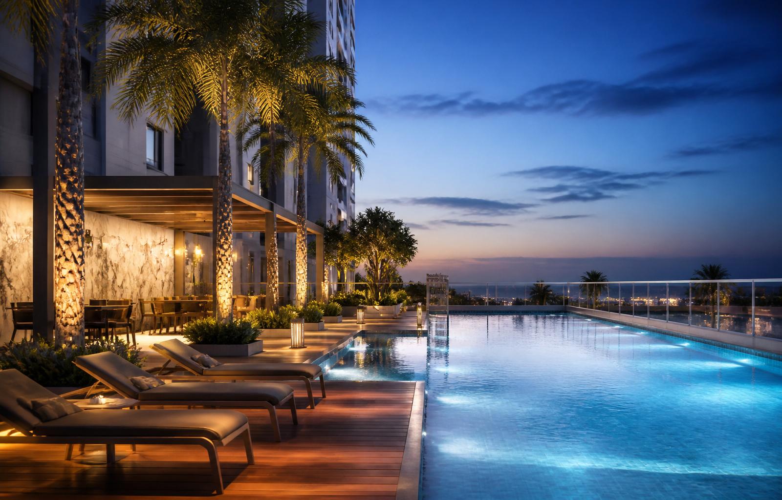 Pool deck at dusk
